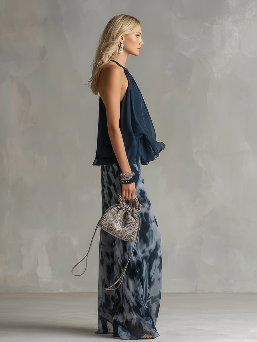 Ludovica - élégante en chiffon avec col montant et pantalon large imprimé