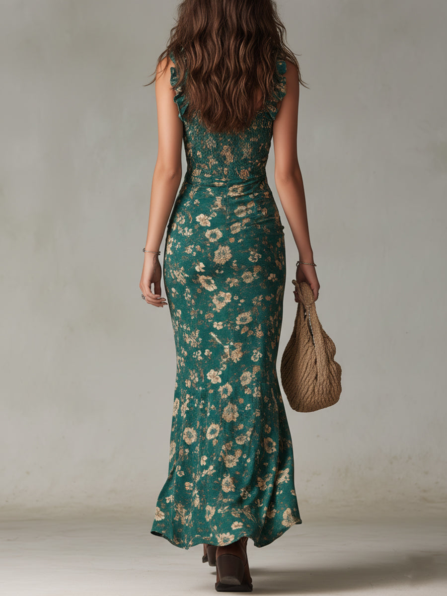 Sara | Robe longue au style boho rétro avec manches bouffantes et fente haute