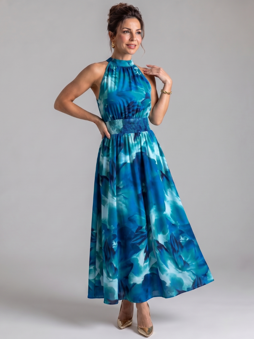 Olivia | Robe Midi Abstraite avec Taille Froncée