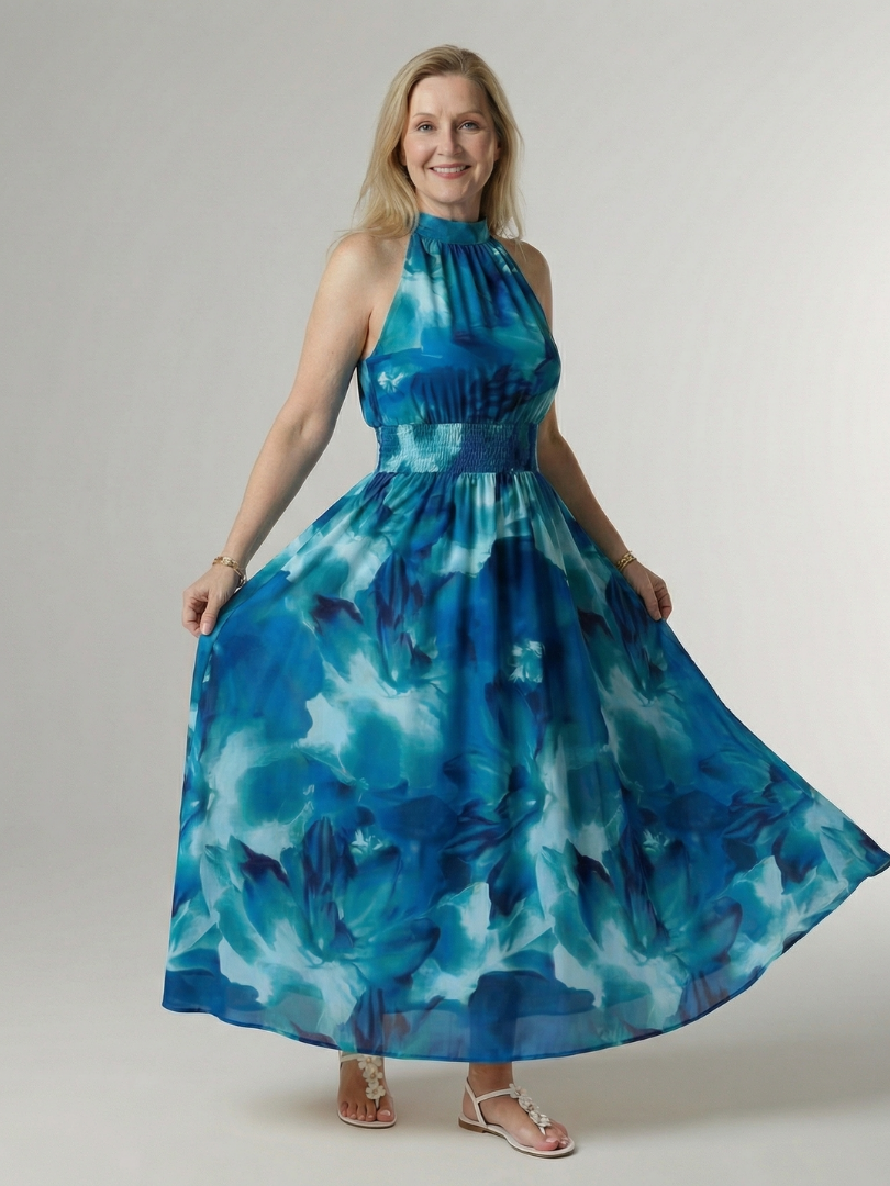 Sylin | Robe Midi Halter avec Taille Froncée