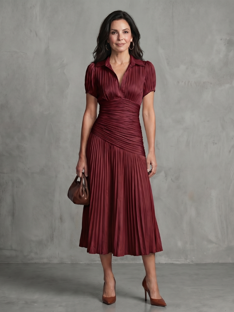 Theodora | Robe midi à taille plissée et rayures