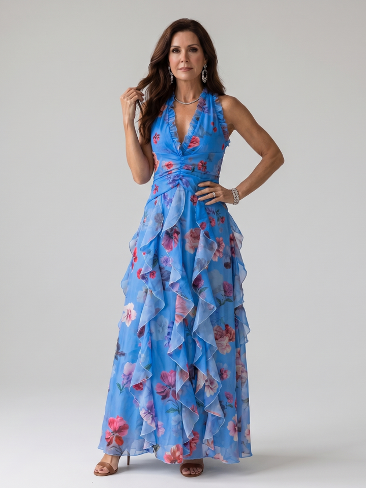 Nori | Robe Maxi Fleurie avec Décolleté Halter et Froncée