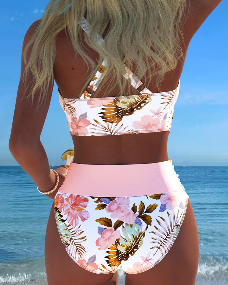 Bikini avec motif floral contrasté et fente