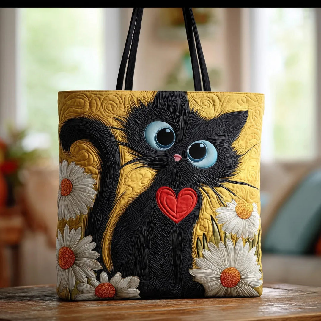 Sac Artisanal Chat Noir avec Cœur et Marguerites