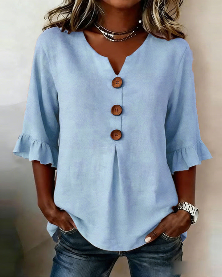 Blouse Sophia unie en coton-lin avec boutons en bois et volant