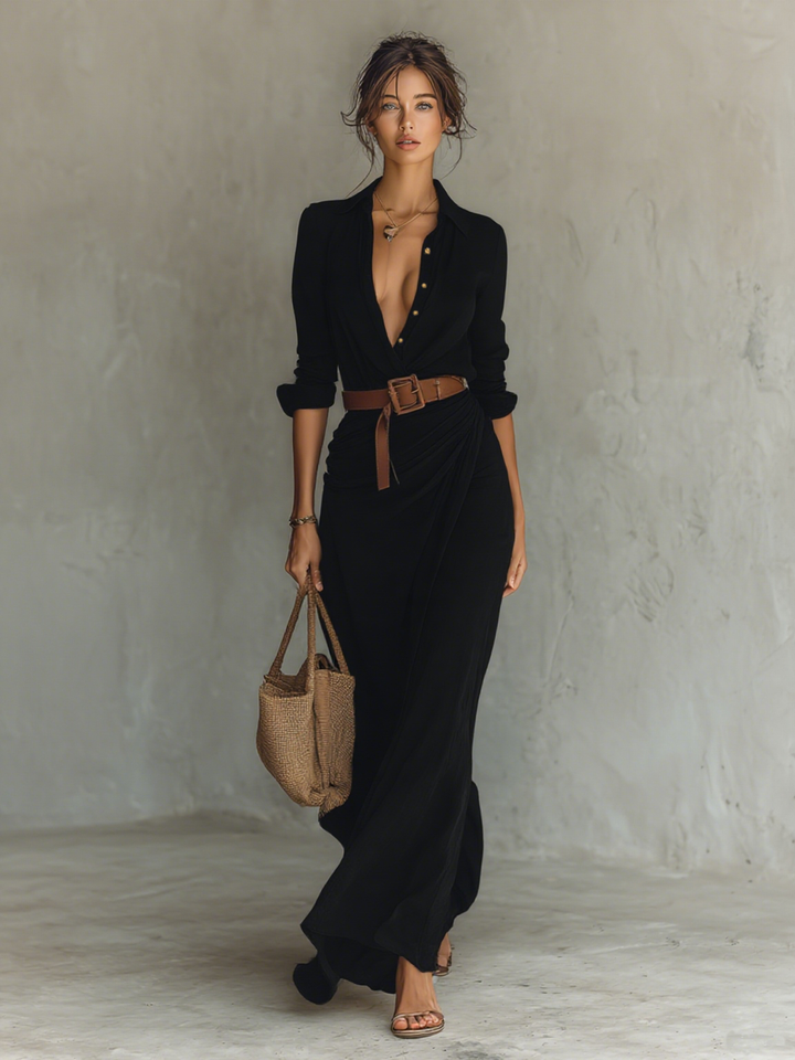 Robe maxi à col revers à manches longues