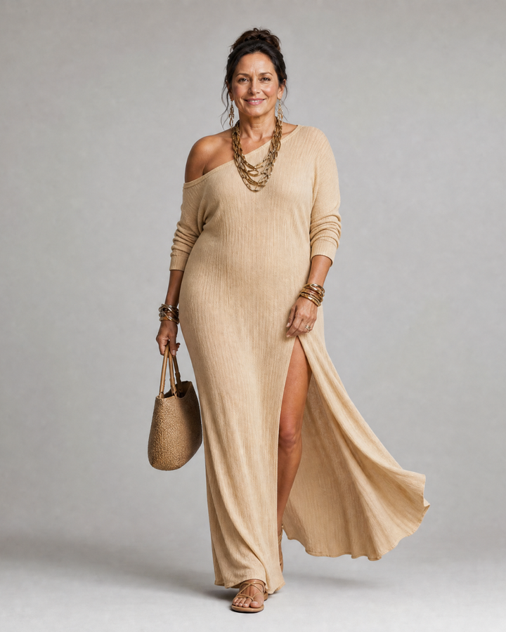 Asterelle | Robe midi fluide à épaule dénudée et fente latérale