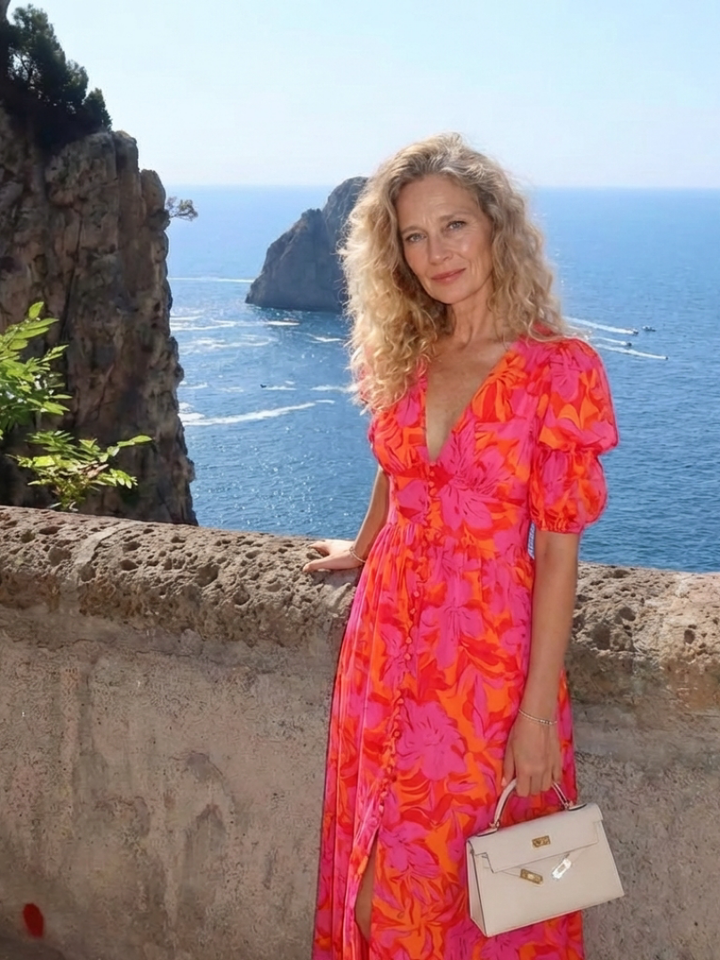Saule | Robe Midi à Manches Bouffantes et Col V Floral