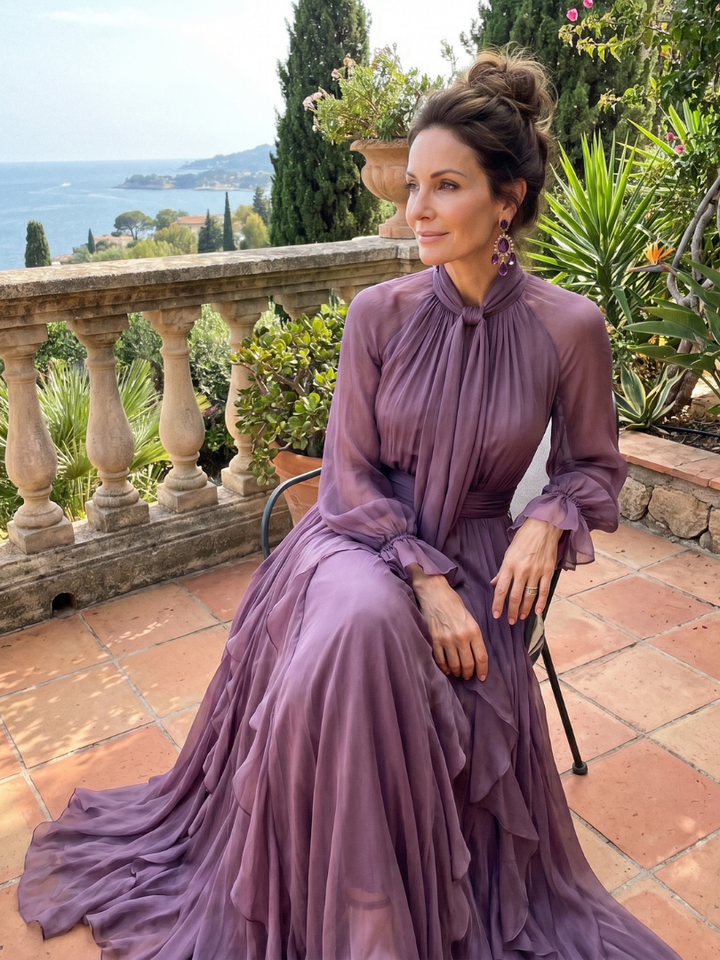 Demetria | Robe maxi à col noué et volants