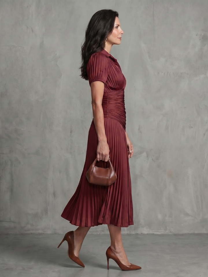 Theodora | Robe midi à taille plissée et rayures