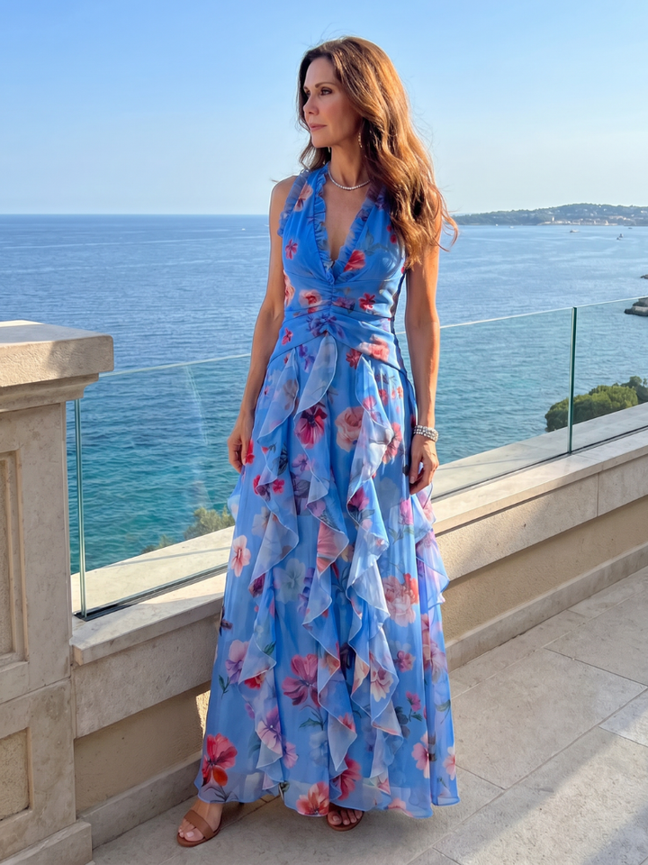 Nori | Robe Maxi Fleurie avec Décolleté Halter et Froncée