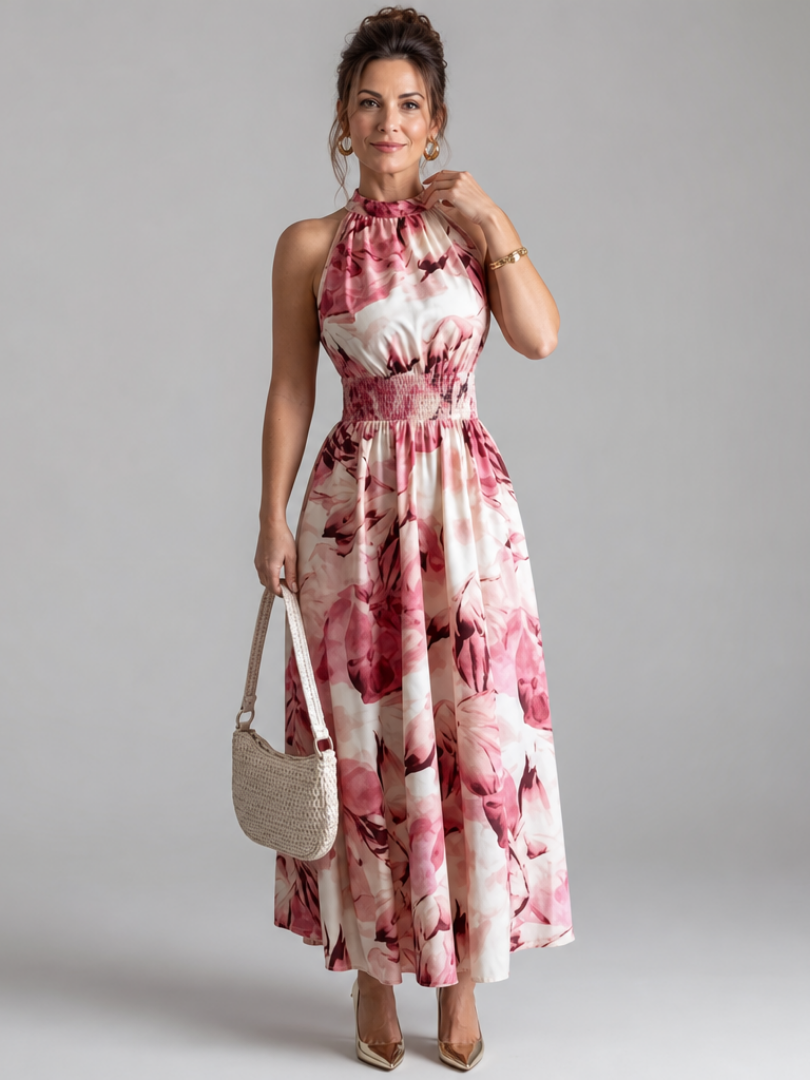Olivia | Robe Midi Abstraite avec Taille Froncée