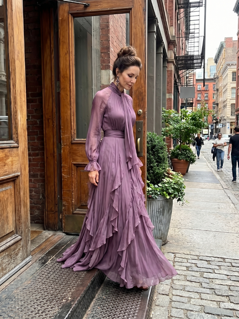 Demetria | Robe maxi à col noué et volants
