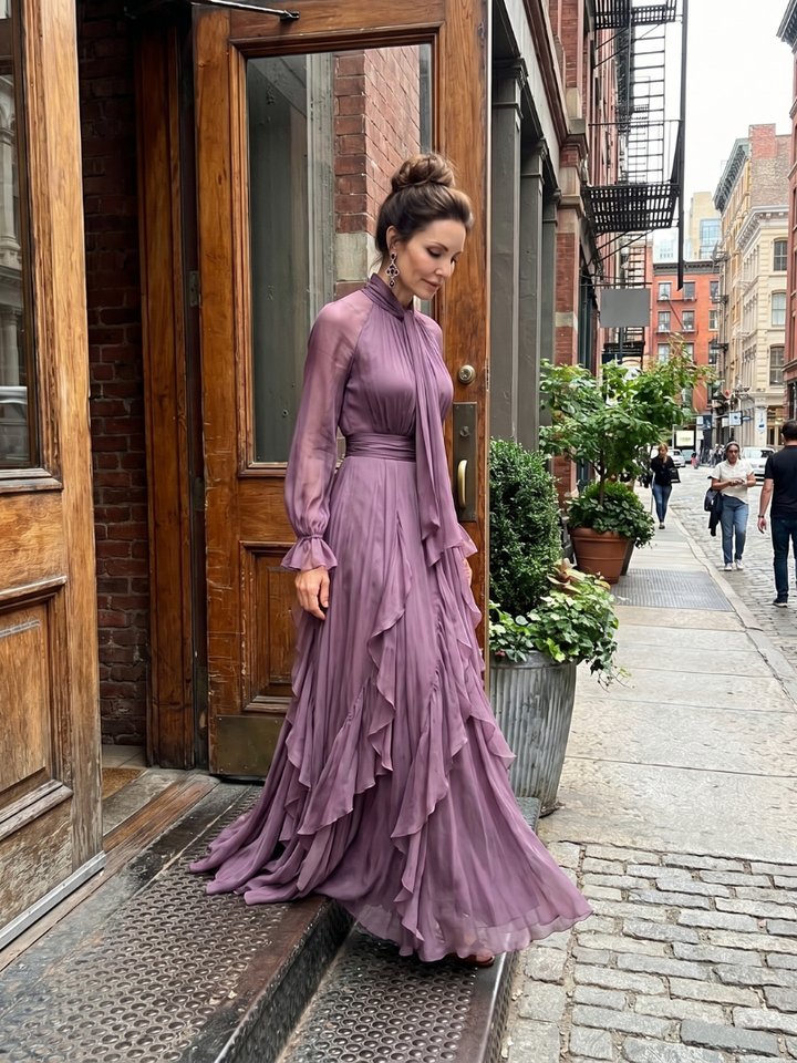 Demetria | Robe maxi à col noué et volants