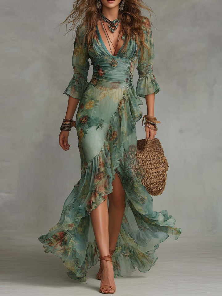 Aurora - robe boho longue à fleurs avec un ourlet asymétrique romantique