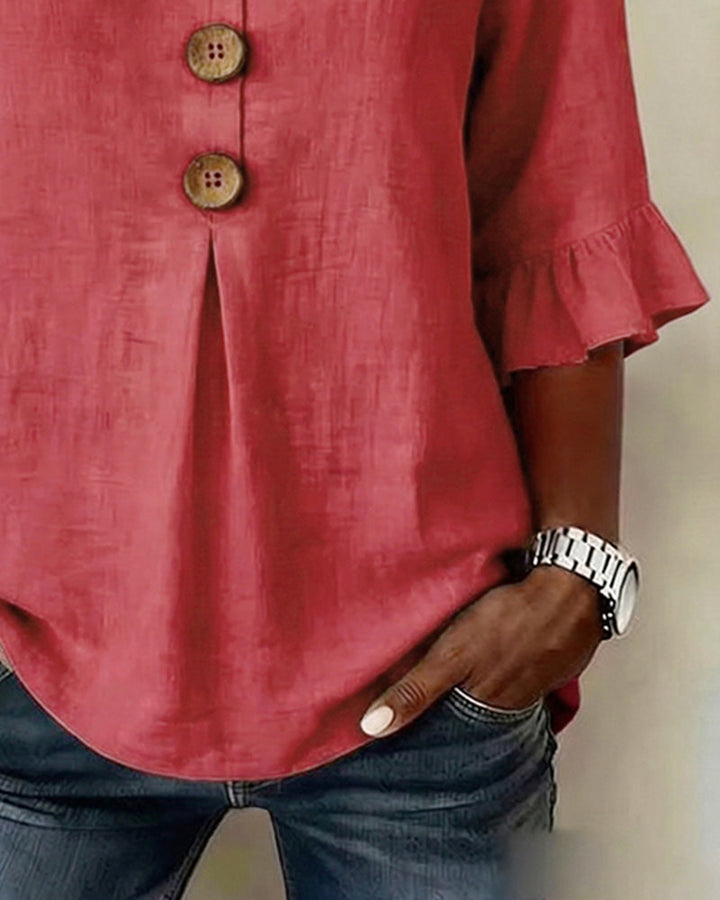 Blouse Sophia unie en coton-lin avec boutons en bois et volant