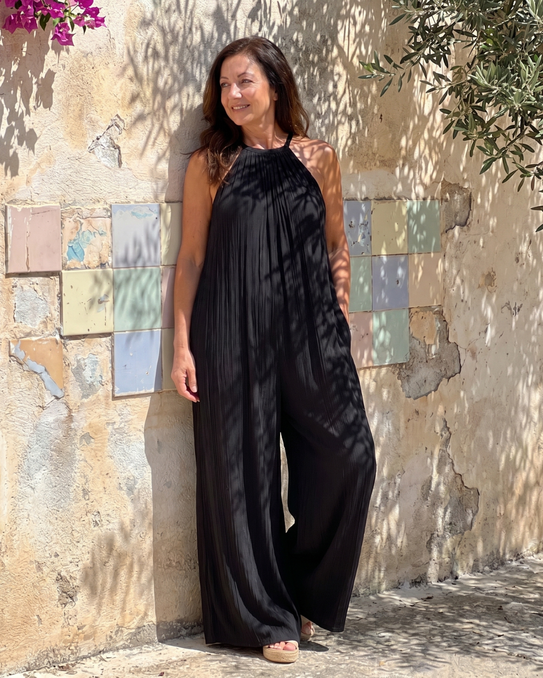 Sylvara | Combinaison Relaxed à Encolure Halter et Jambes Larges Plissées