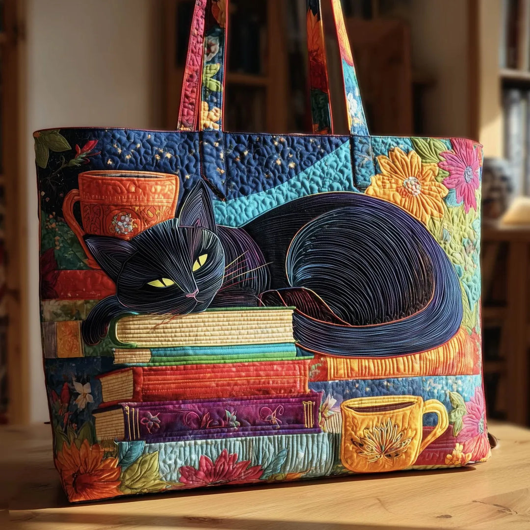 Sac en Toile Artisanal Chat Noir avec Livres et Tasses