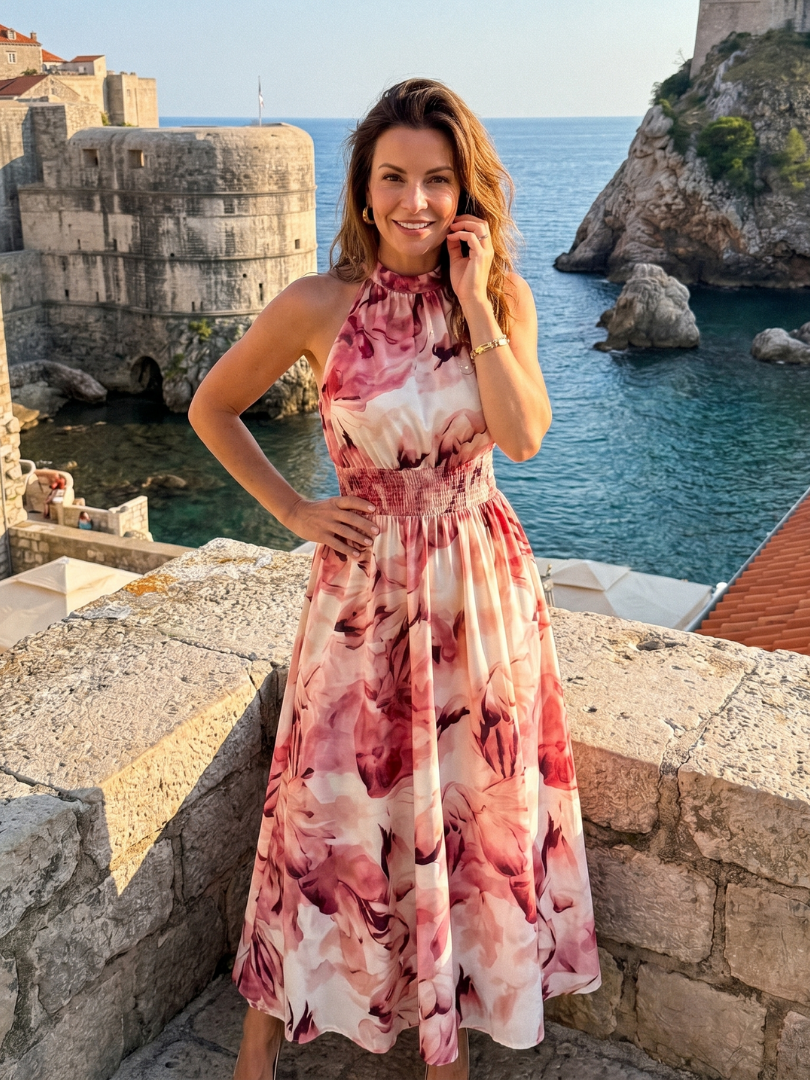Olivia | Robe Midi Abstraite avec Taille Froncée