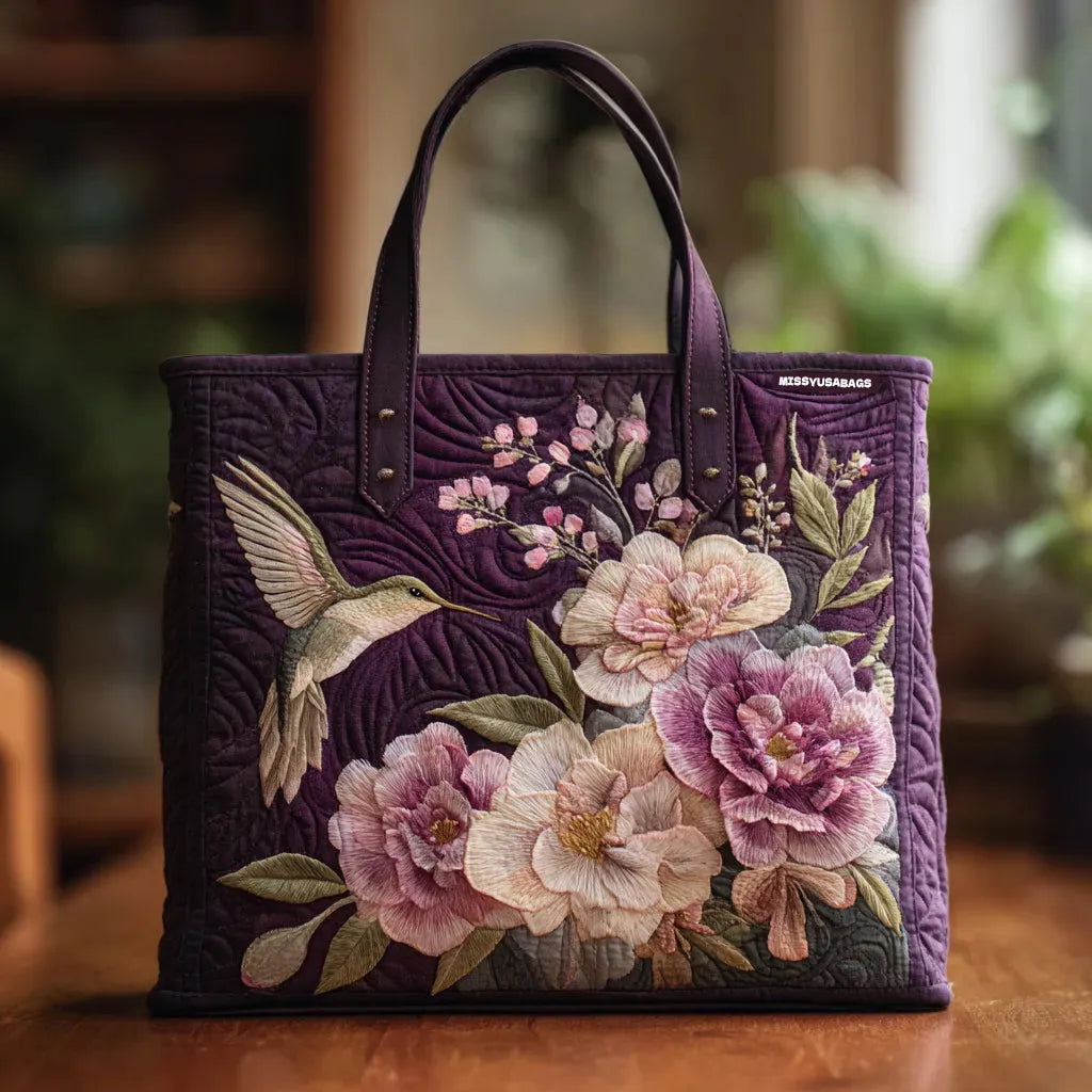 Sac Imbottito Artisanal Violet avec Colibri et Orchidées