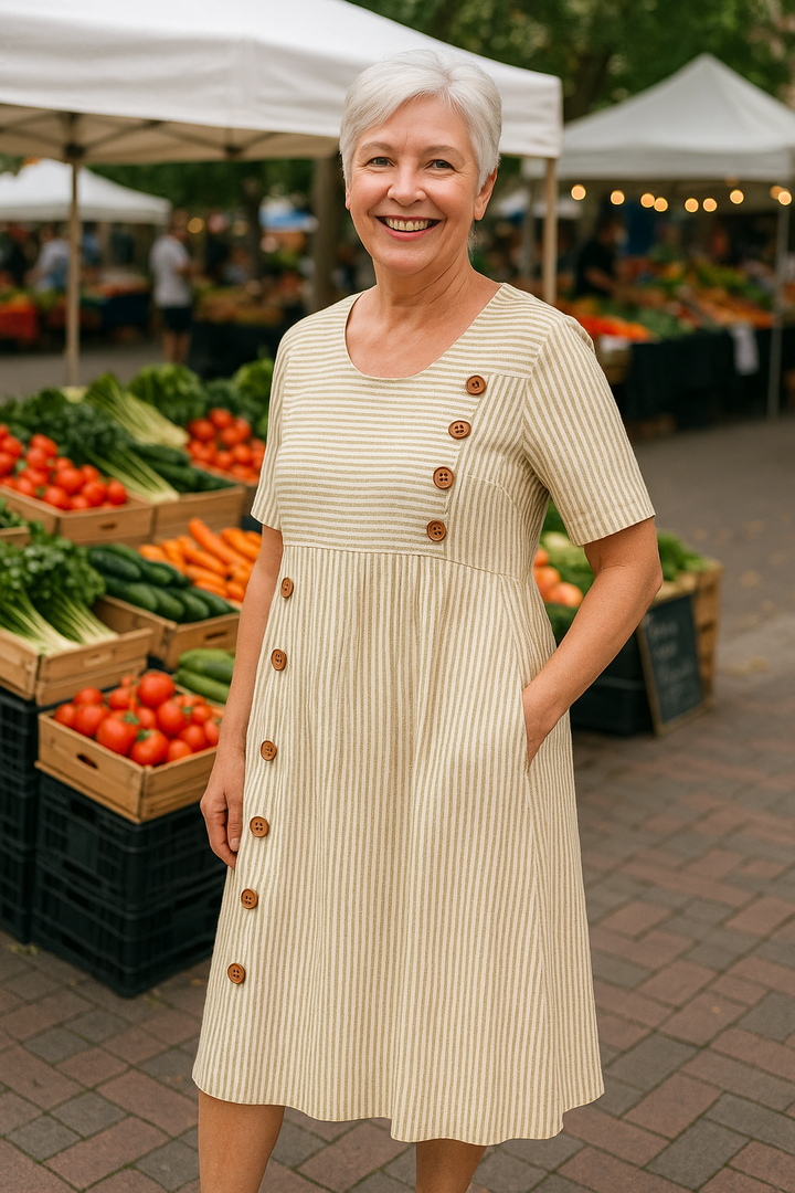 Lucille™ | Robe midi fluide à rayures avec poches et boutons décoratifs