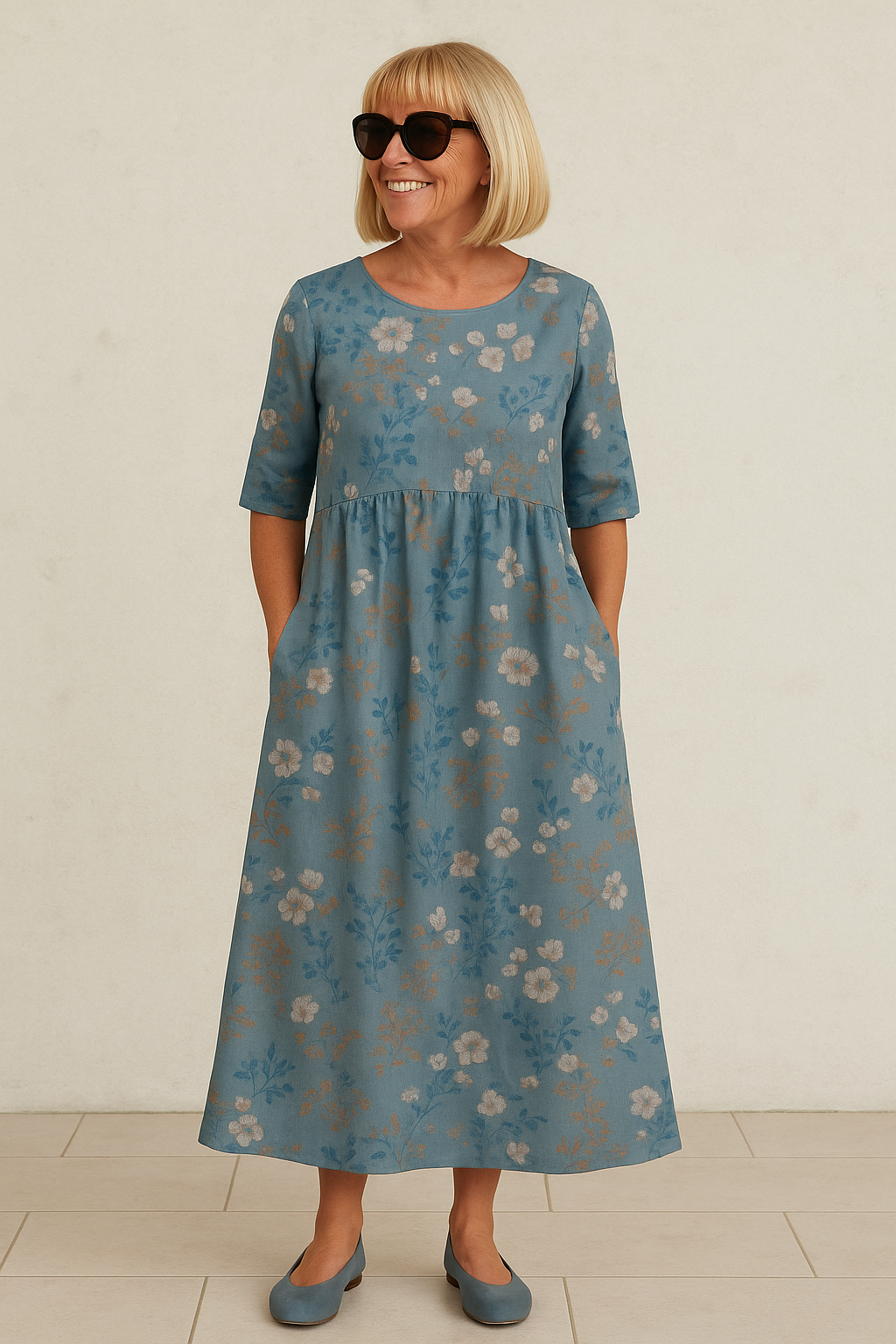 Reese™ | Robe midi fluide à manches ¾ et imprimé botanique