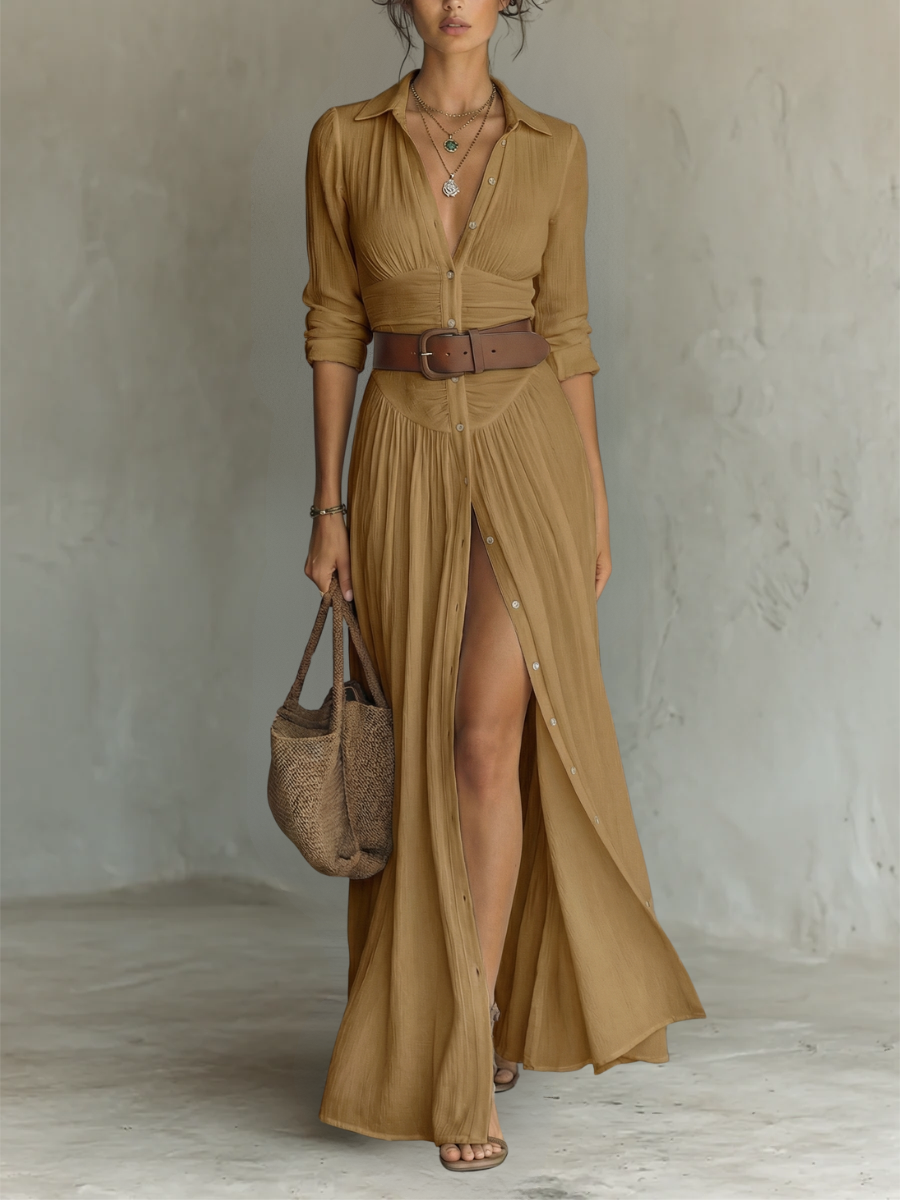 Robe Maxi en à Col Revers à Manches Longues
