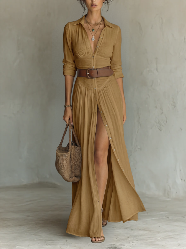 Robe Maxi en à Col Revers à Manches Longues