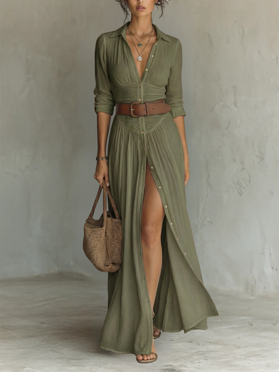 Robe Maxi en à Col Revers à Manches Longues