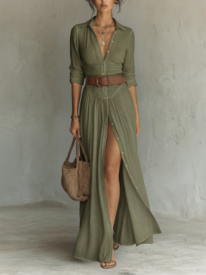 Robe Maxi en à Col Revers à Manches Longues