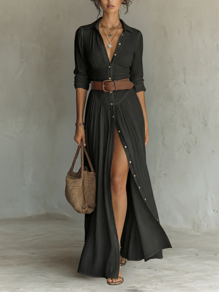 Robe Maxi en à Col Revers à Manches Longues