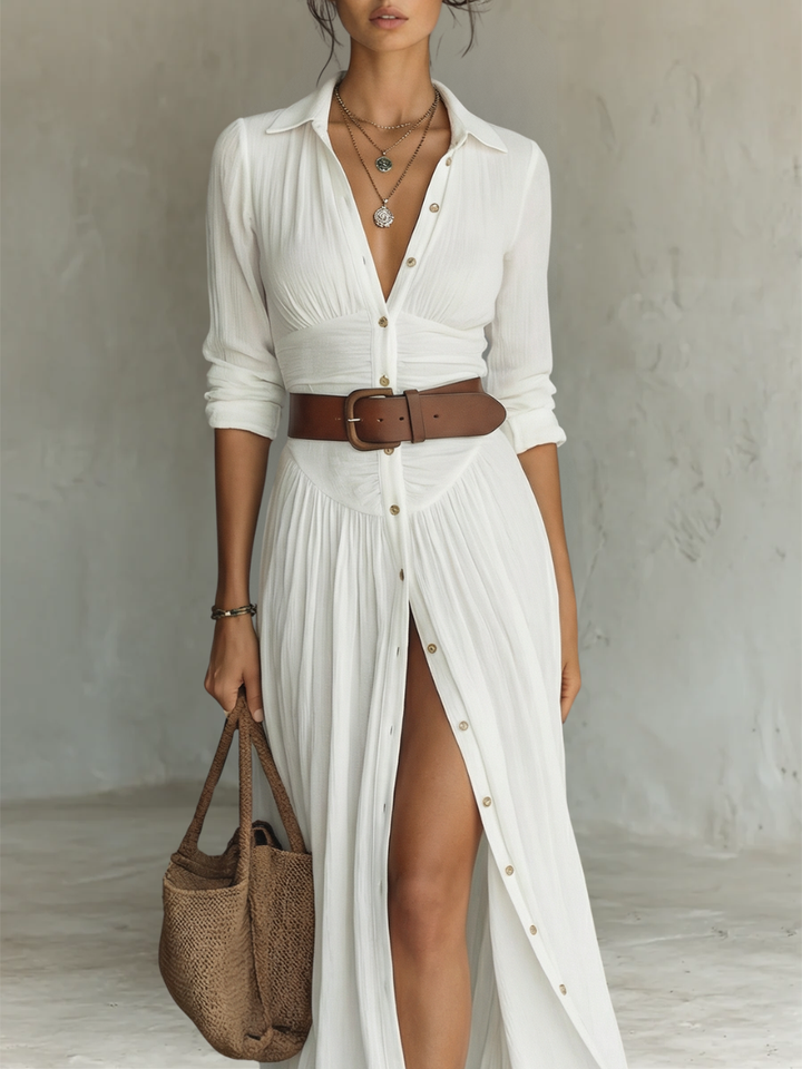 Robe Maxi en à Col Revers à Manches Longues
