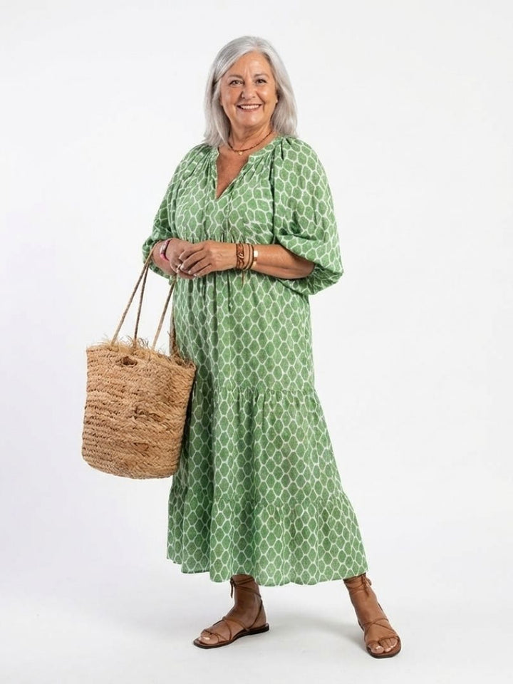 Apolline | Robe Midi à Manches Trois Quarts et Col en V à Motifs