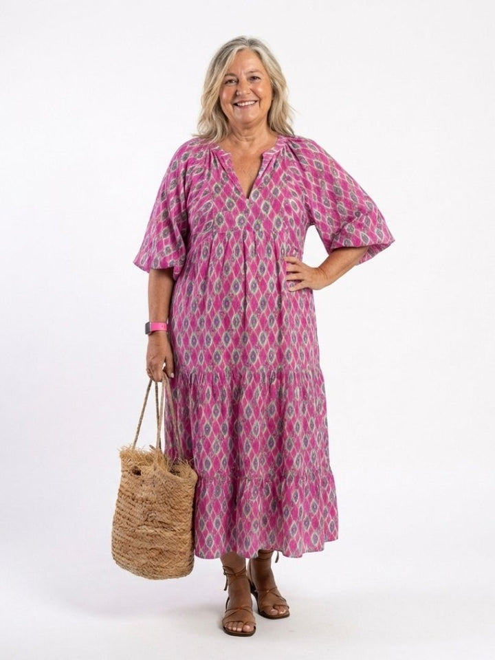 Apolline | Robe Midi à Manches Trois Quarts et Col en V à Motifs