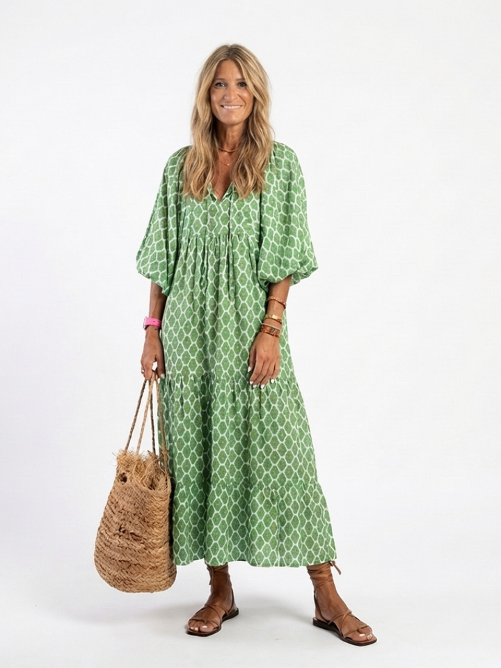 Apolline | Robe Midi à Manches Trois Quarts et Col en V à Motifs
