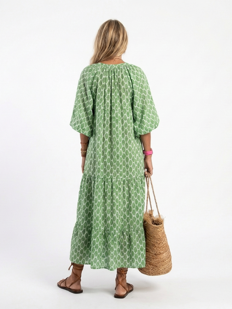 Apolline | Robe Midi à Manches Trois Quarts et Col en V à Motifs