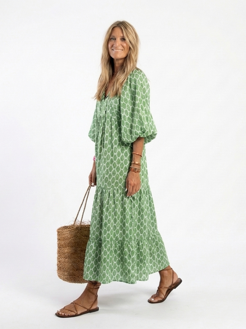 Apolline | Robe Midi à Manches Trois Quarts et Col en V à Motifs