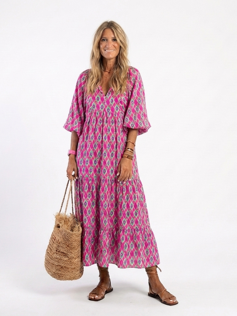 Apolline | Robe Midi à Manches Trois Quarts et Col en V à Motifs