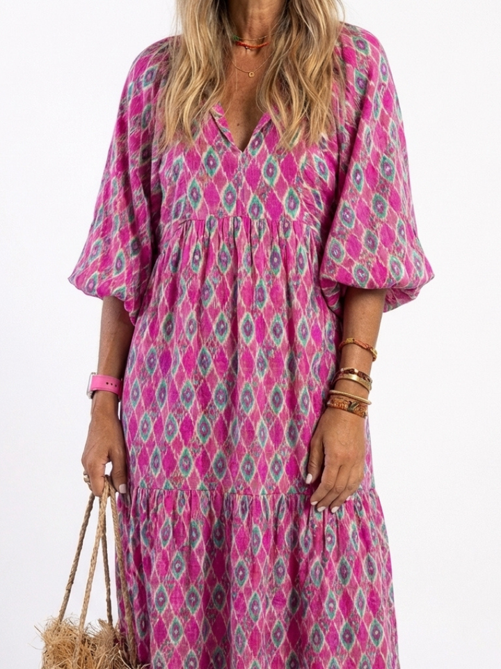 Apolline | Robe Midi à Manches Trois Quarts et Col en V à Motifs