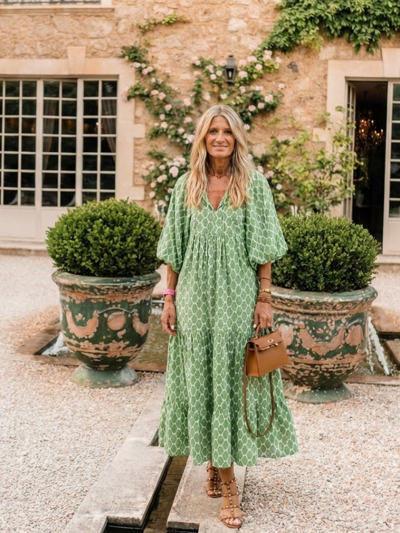 Apolline | Robe Midi à Manches Trois Quarts et Col en V à Motifs