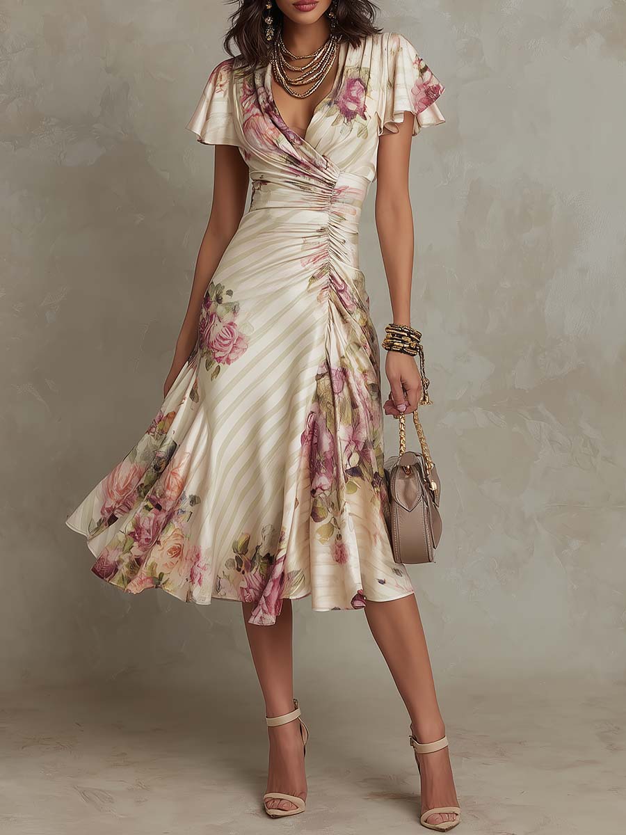 Alba - Élégante robe midi rétro en satin avec imprimé floral