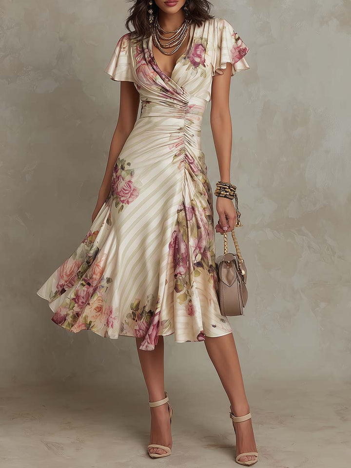 Alba - Élégante robe midi rétro en satin avec imprimé floral