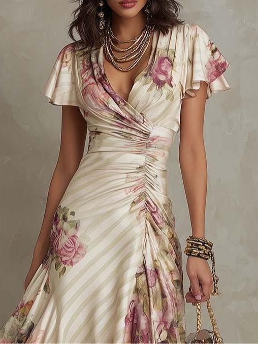 Alba - Élégante robe midi rétro en satin avec imprimé floral