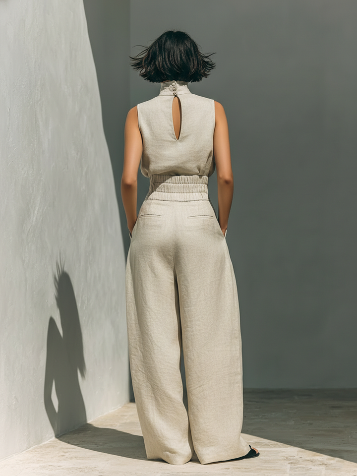 Maria - Ensemble complet avec top et pantalon large en coton et lin pour femmes