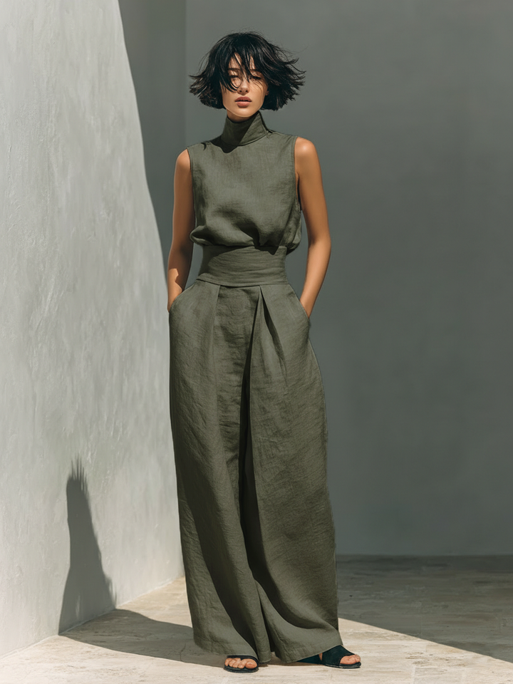 Maria - Ensemble complet avec top et pantalon large en coton et lin pour femmes