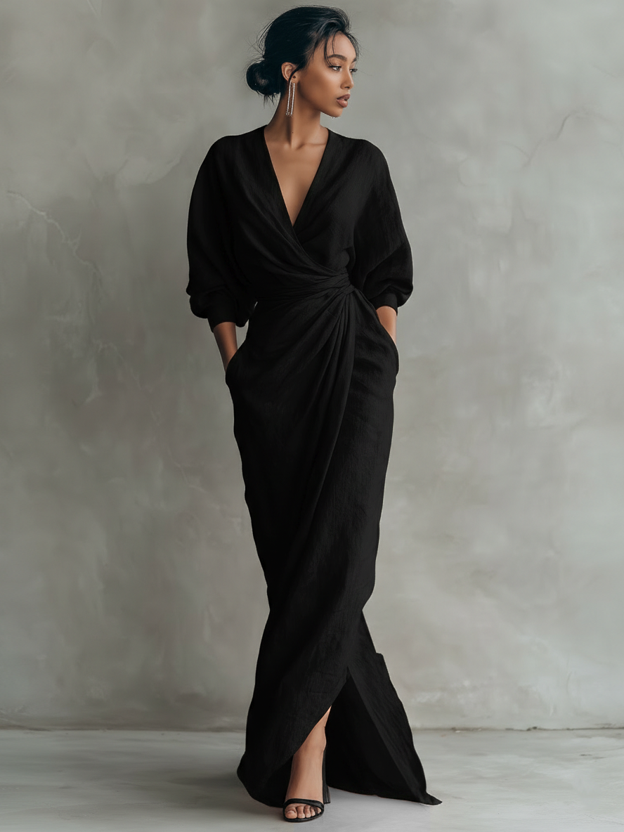 Robe Maxi Minimaliste Rose avec Décolleté en V en Mélange de Lin pour Femmes