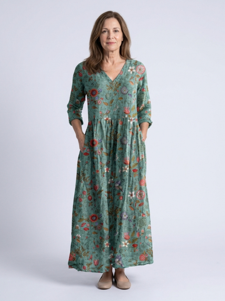 Marina | Robe Maxi à Manches Trois Quarts à Col V Floral