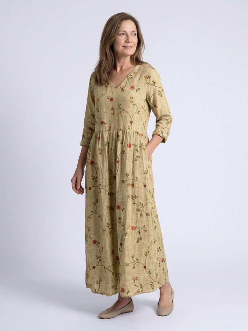 Marina | Robe Maxi à Manches Trois Quarts à Col V Floral