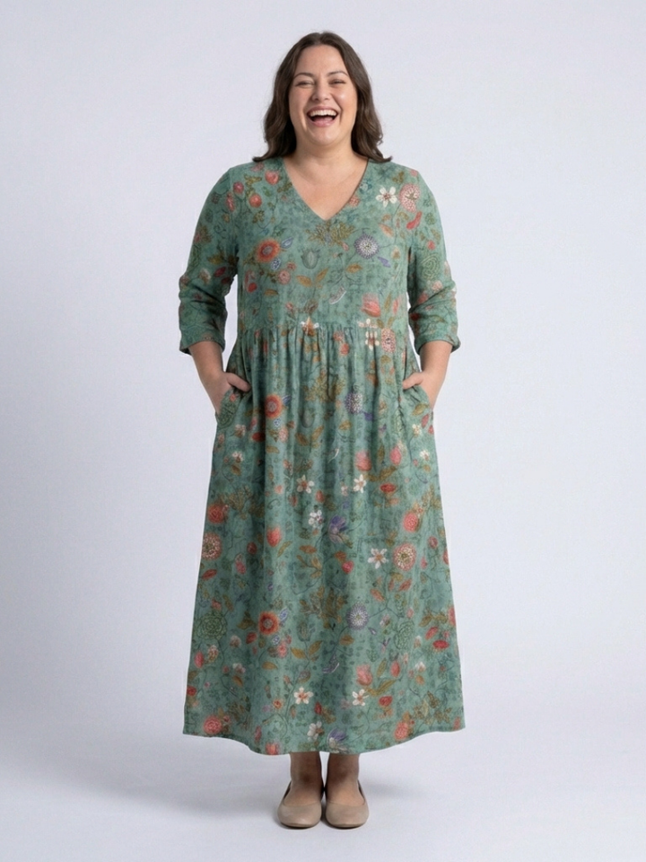 Marina | Robe Maxi à Manches Trois Quarts à Col V Floral