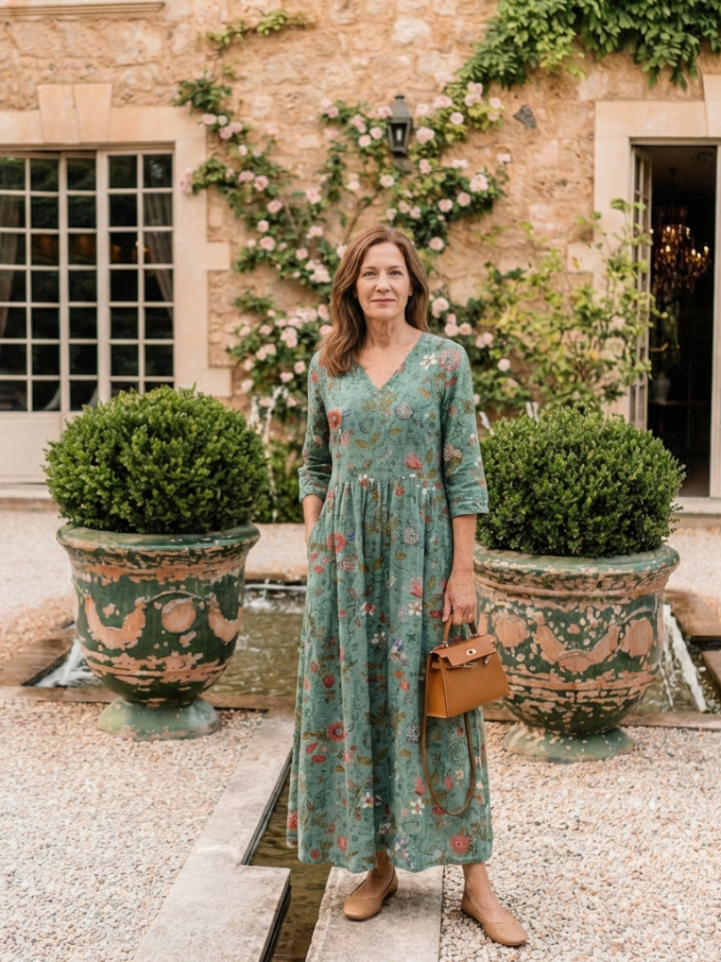 Marina | Robe Maxi à Manches Trois Quarts à Col V Floral